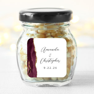 Agate Burgundy Gold Script Wedding Square Sticker