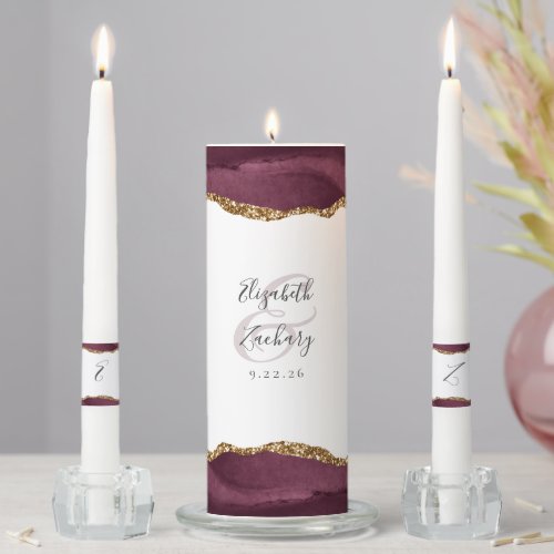 Agate Burgundy Gold Script Wedding Unity Candle Set