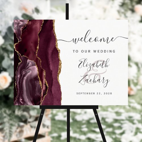 Agate Burgundy Gold Script Wedding Welcome Sign