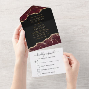 Agate Burgundy Gold Wedding Elegant Modern All In One Invitation