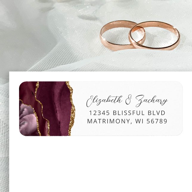Agate Burgundy Gold Wedding Return Address Label (Creator Uploaded)