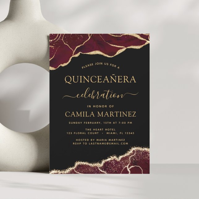 Agate Burgundy Quinceañera Gold 15th Birthday Invi Invitation (Creator Uploaded)