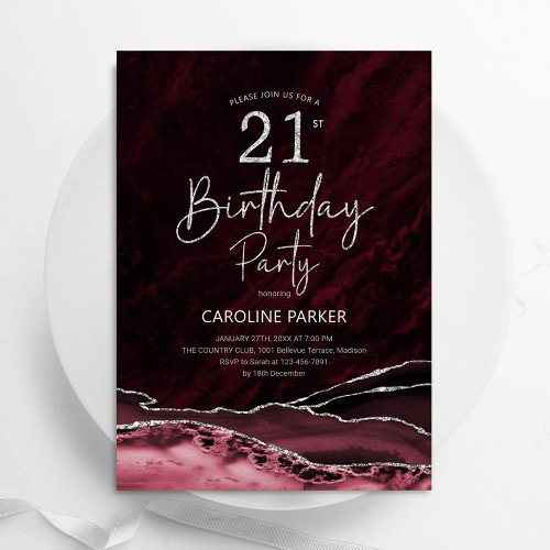 Agate Burgundy Silver 21st Birthday Invitation