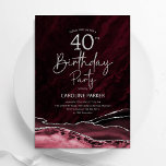 Agate Burgundy Silver 40th Birthday Invitation<br><div class="desc">Burgundy and silver agate 40th birthday party invitation. Elegant modern design featuring dark red marsala wine watercolor agate marble geode background,  faux glitter silver and typography script font. Trendy invite card perfect for a stylish women's bday celebration. Printed Zazzle invitations or instant download digital printable template.</div>