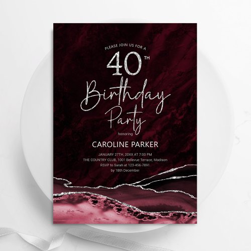 Agate Burgundy Silver 40th Birthday Invitation