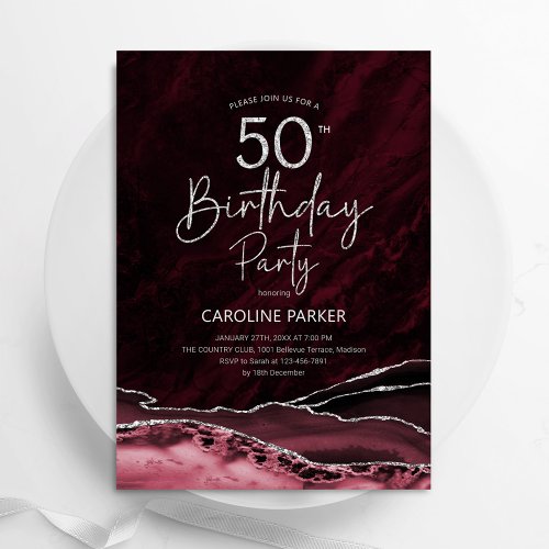 Agate Burgundy Silver 50th Birthday Invitation