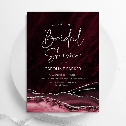 Agate Burgundy Silver Bridal Shower Invitation