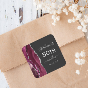 Agate Burgundy Silver Dark 50th Birthday Square Sticker