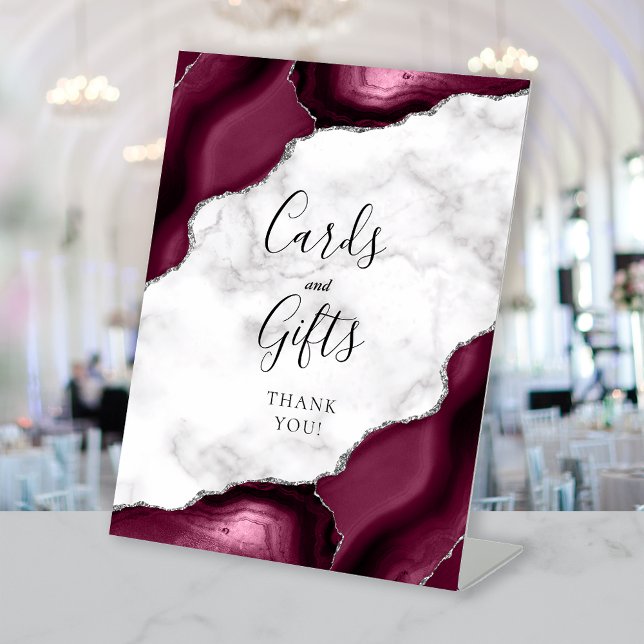 Agate Burgundy Silver Marble Wedding Cards & Gifts Pedestal Sign (Creator Uploaded)