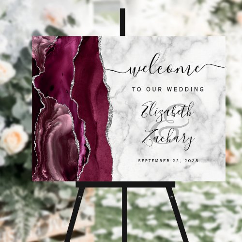 Agate Burgundy Silver Marble Wedding Welcome Sign