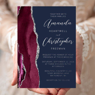 Agate Burgundy Silver Navy Blue Wedding Foil Invitation