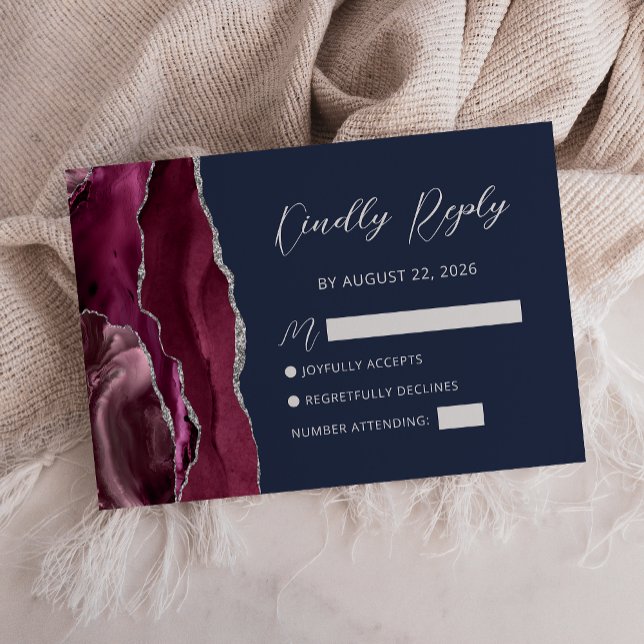 Agate Burgundy Silver Navy Blue Wedding RSVP Card (Creator Uploaded)