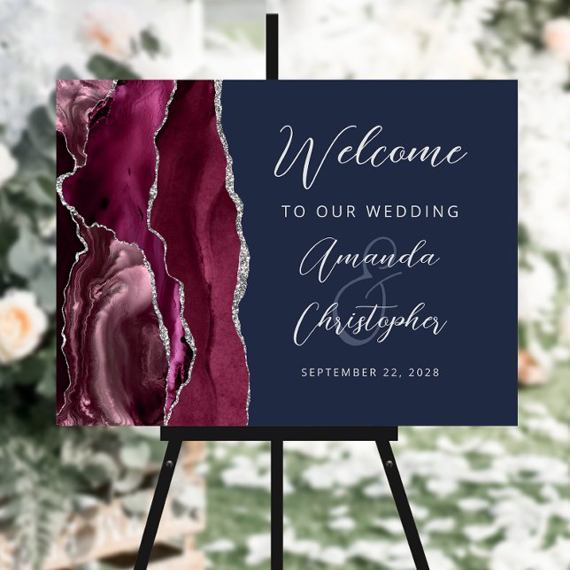 Agate Burgundy Silver Navy Blue Wedding Welcome Foam Board (Creator Uploaded)