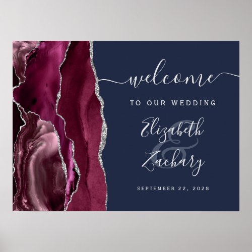 Agate Burgundy Silver Navy Blue Wedding Welcome Poster