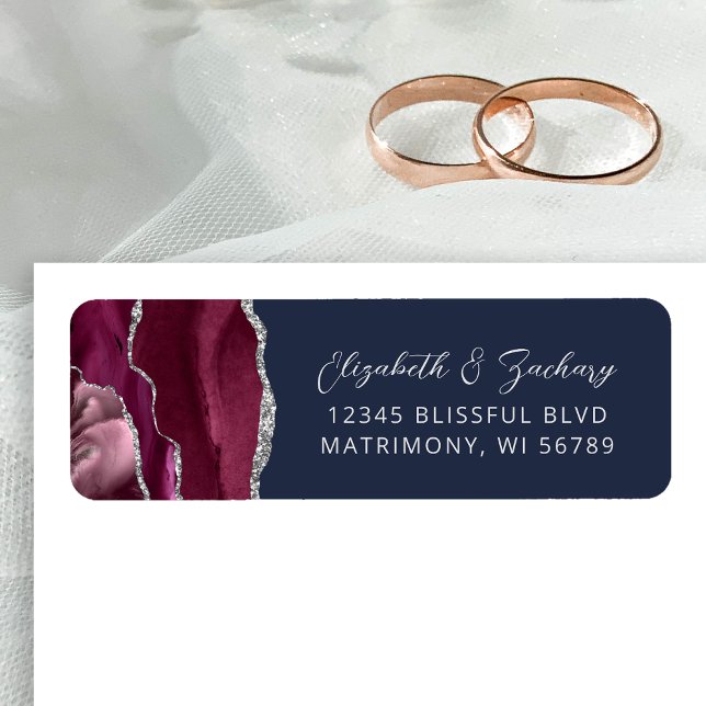 Agate Burgundy Silver Navy Wedding Return Address Label (Creator Uploaded)