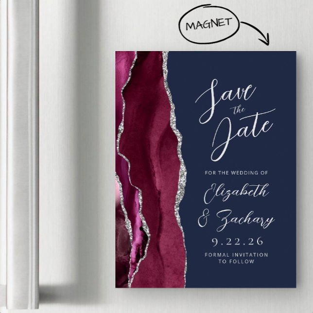 Agate Burgundy Silver Navy Wedding Save the Date Magnetic Invitation (Creator Uploaded)