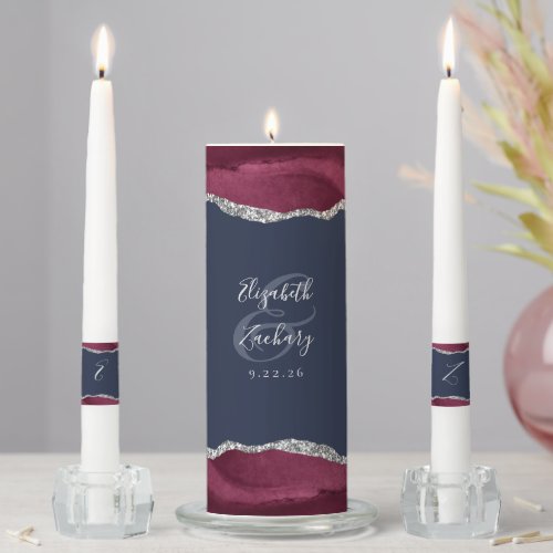 Agate Burgundy Silver Script Navy Blue Wedding Unity Candle Set