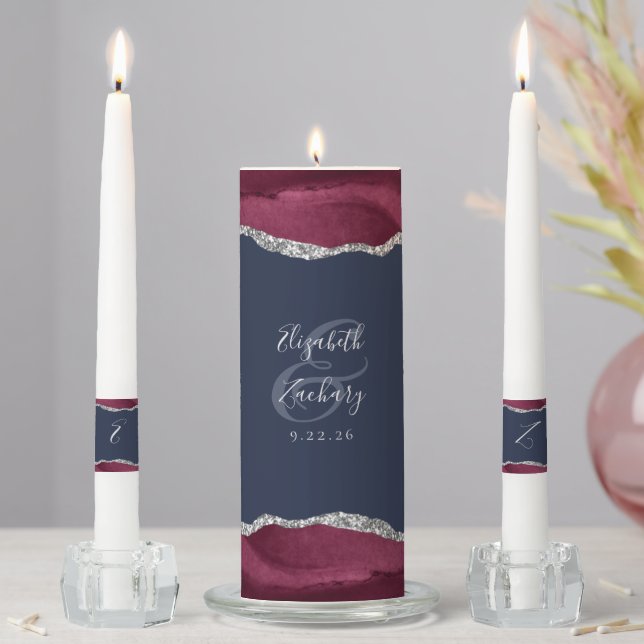 Agate Burgundy Silver Script Navy Blue Wedding Unity Candle Set (In Situ)