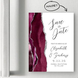 Agate Burgundy Silver Script Save the Date Magnetic Invitation