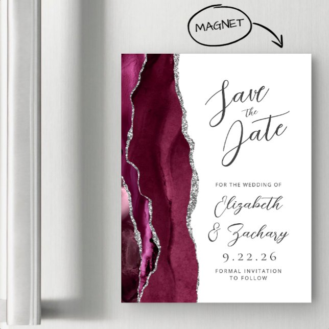 Agate Burgundy Silver Script Save the Date Magnetic Invitation (Creator Uploaded)