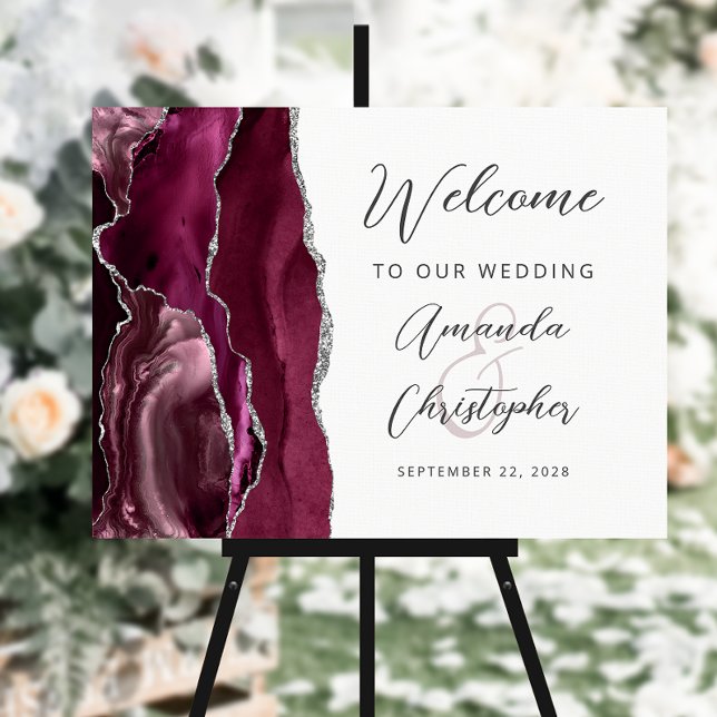 Agate Burgundy Silver Script Wedding Welcome Foam Board (Creator Uploaded)