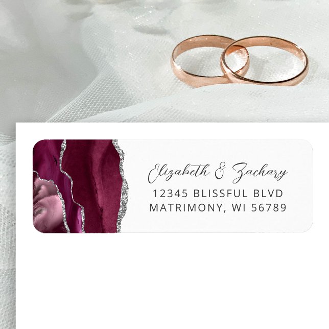 Agate Burgundy Silver Wedding Return Address Label (Creator Uploaded)