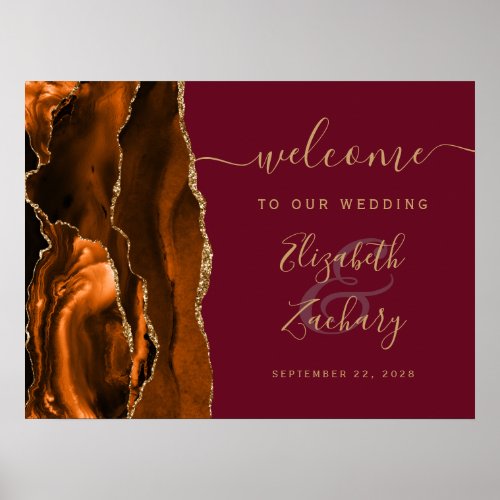 Agate Burnt Orange Gold Burgundy Wedding Welcome Poster
