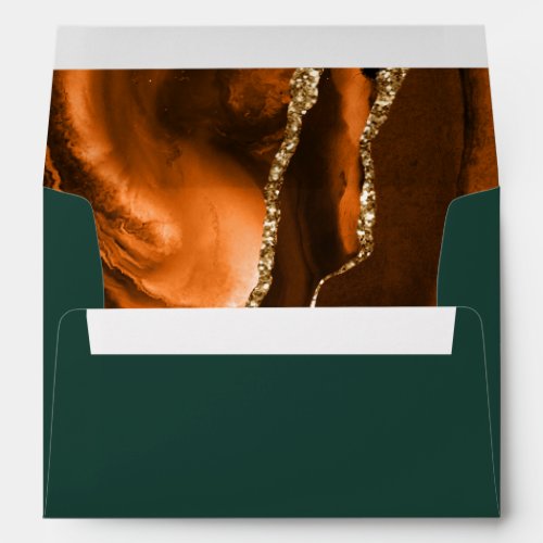 Agate Burnt Orange Gold Dark Green Script Wedding Envelope