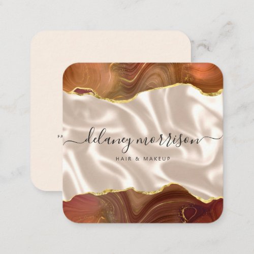 Agate Burnt Orange Gold Ivory Silk Rounded Corners Square Business Card