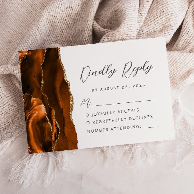 Agate Burnt Orange Gold Modern Script Wedding RSVP Card (Creator Uploaded)