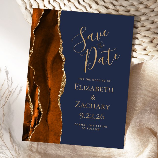 Agate Burnt Orange Gold Navy Blue Save the Date Announcement Postcard (Creator Uploaded)