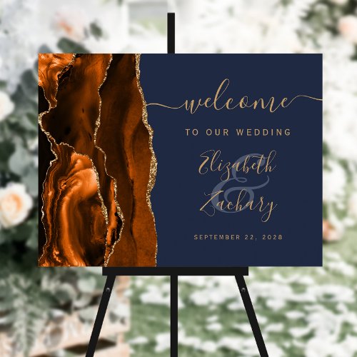 Agate Burnt Orange Gold Navy Blue Wedding Welcome Foam Board