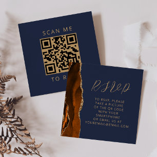 Agate Burnt Orange Gold Navy Wedding QR Code RSVP Enclosure Card