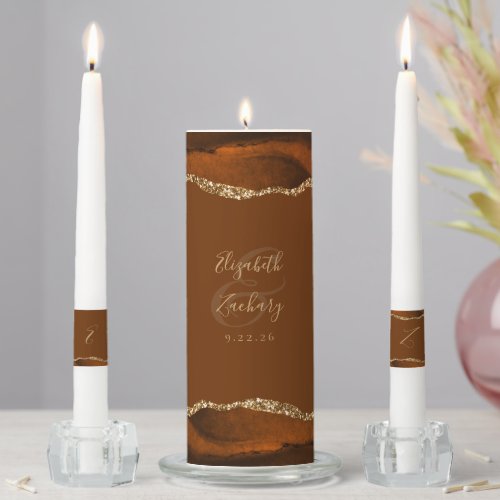 Agate Burnt Orange Gold Script Brown Wedding Unity Candle Set
