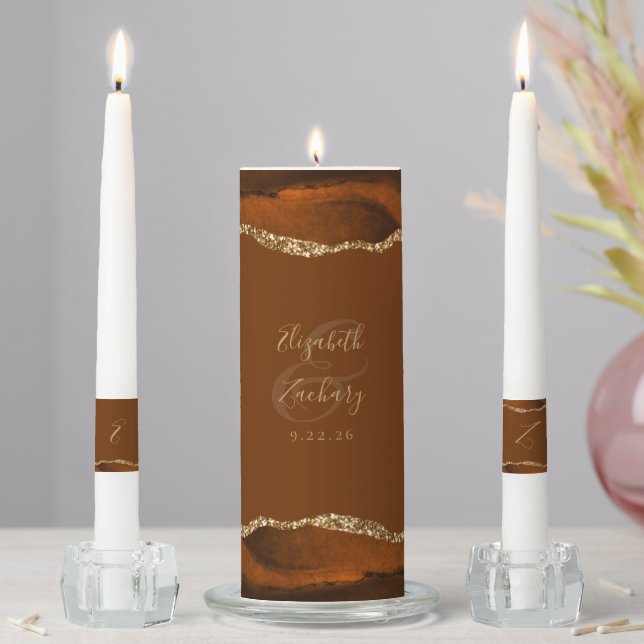 Agate Burnt Orange Gold Script Brown Wedding Unity Candle Set (In Situ)