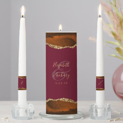 Agate Burnt Orange Gold Script Burgundy Wedding Unity Candle Set