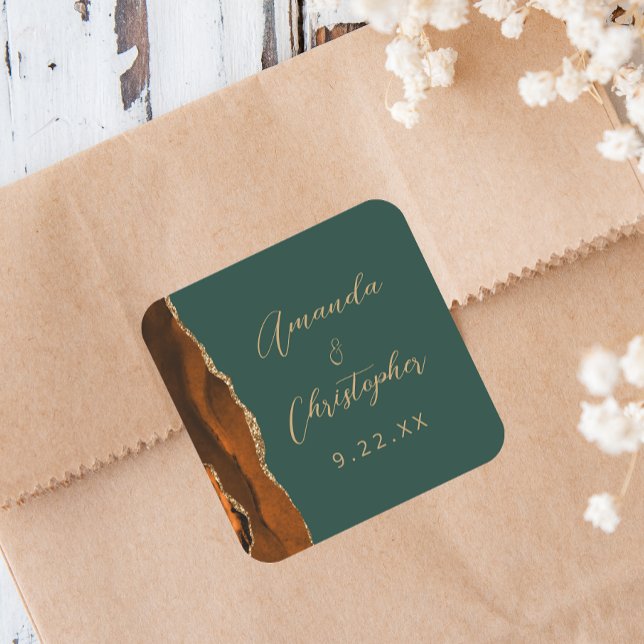 Agate Burnt Orange Gold Script Dark Green Wedding Square Sticker (Creator Uploaded)