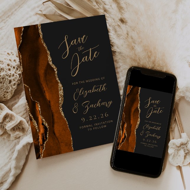 Agate Burnt Orange Gold Script Dark Wedding Save The Date (Creator Uploaded)