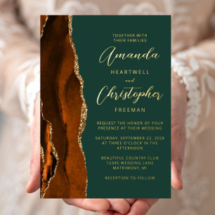Agate Burnt Orange Gold Script Green Wedding Foil Invitation