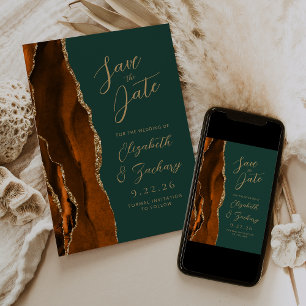Agate Burnt Orange Gold Script Green Wedding Save Save The Date