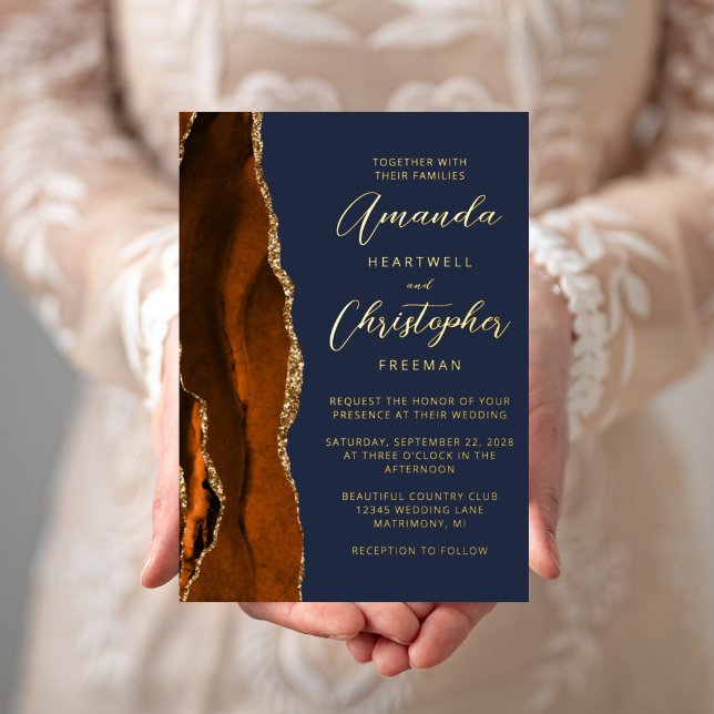 Agate Burnt Orange Gold Script Navy Blue Wedding Foil Invitation (Creator Uploaded)
