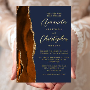 Agate Burnt Orange Gold Script Navy Blue Wedding Foil Invitation