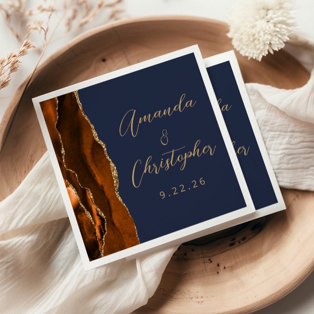 Agate Burnt Orange Gold Script Navy Blue Wedding Napkins (Creator Uploaded)