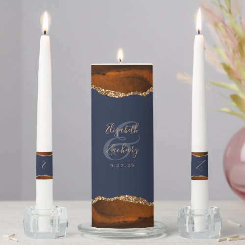 Agate Burnt Orange Gold Script Navy Blue Wedding Unity Candle Set