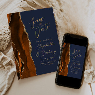 Agate Burnt Orange Gold Script Navy Wedding Save The Date