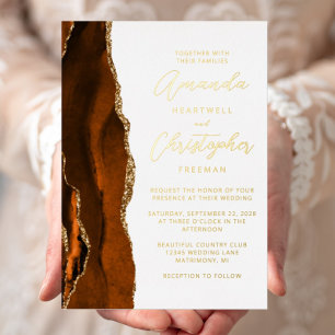 Agate Burnt Orange Gold Script Wedding Foil Invitation