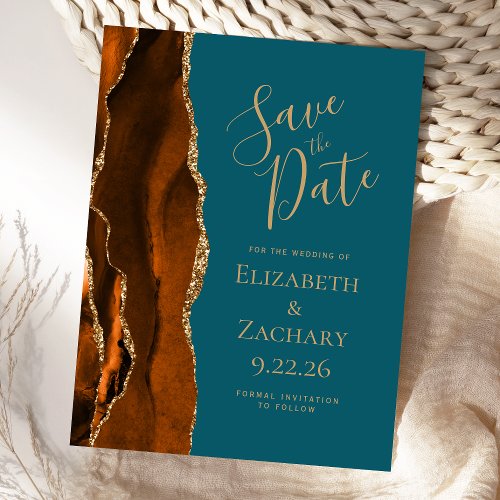 Agate Burnt Orange Gold Teal Save the Date Announcement Postcard