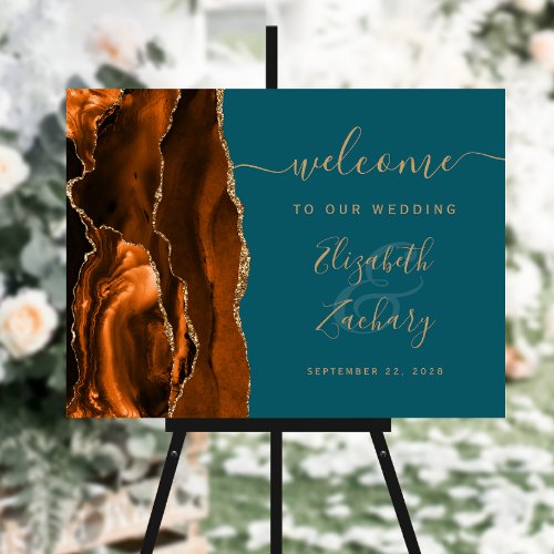 Agate Burnt Orange Gold Teal Wedding Welcome Foam Board