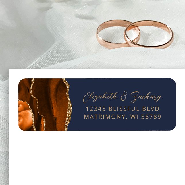 Agate Burnt Orange Navy Wedding Return Address Label (Creator Uploaded)