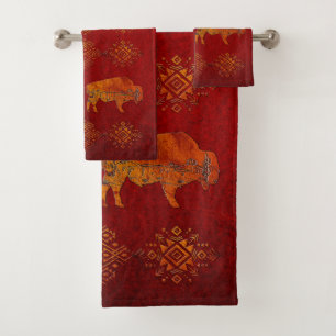 Agate Carved Buffalo with Desert Scene Graphic Bath Towel Set